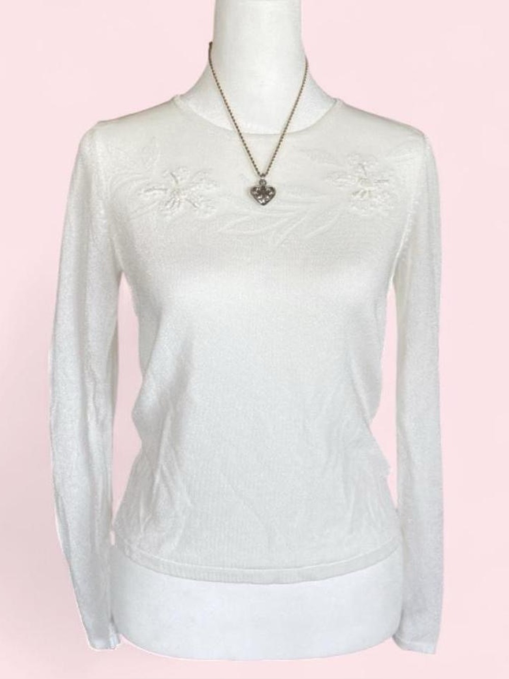Vintage Cabo Beaded Floral White Knit Top Sheer Fitted Y2K 90s Small